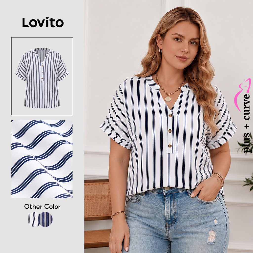 Lovito Casual Blusa Plus Size Curva Listrada Com Botões Blusa Verão/Primavera Feminino LBL19291