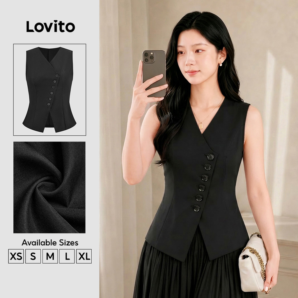 Lovito Elegante Top Delicado Ajuste Justo Assimétrico com Botão Primavera/verão Preto para Mulheres L178ED334
