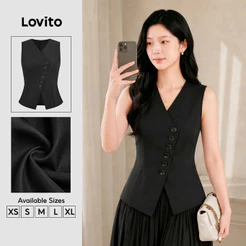 Lovito Elegante Top Delicado Ajuste Justo Assimétrico com Botão Primavera/verão Preto para Mulheres L178ED334