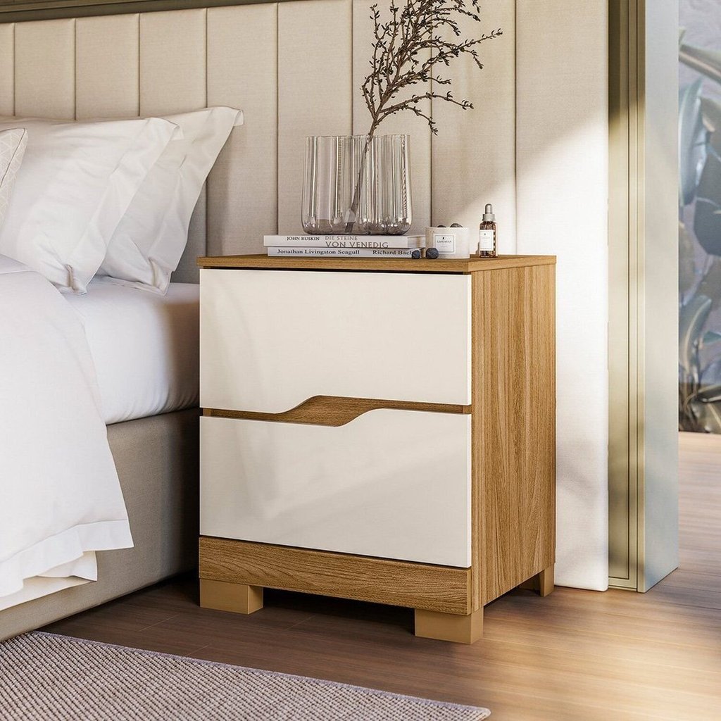 Mesa de Cabeceira para Quarto 51cm 2 Gavetas com Pés Ares Marrom Freijó/Off White