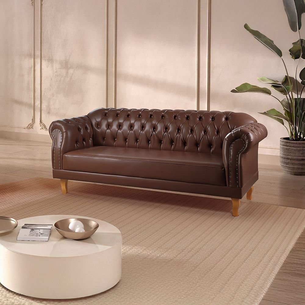 Sofá Chesterfield 3 Lugares Couro Sintético Marrom Duque 200cm Yescasa Marrom