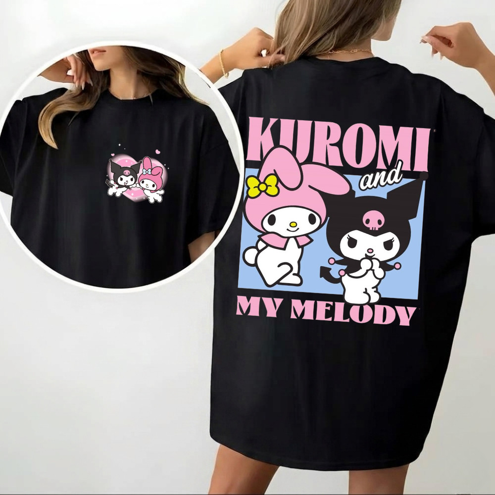 Camisa Camiseta Basica Estampada Kuromi E My Melody 100% Algodão Confortavel Feminina Desenho Hello Kitty Estilosa