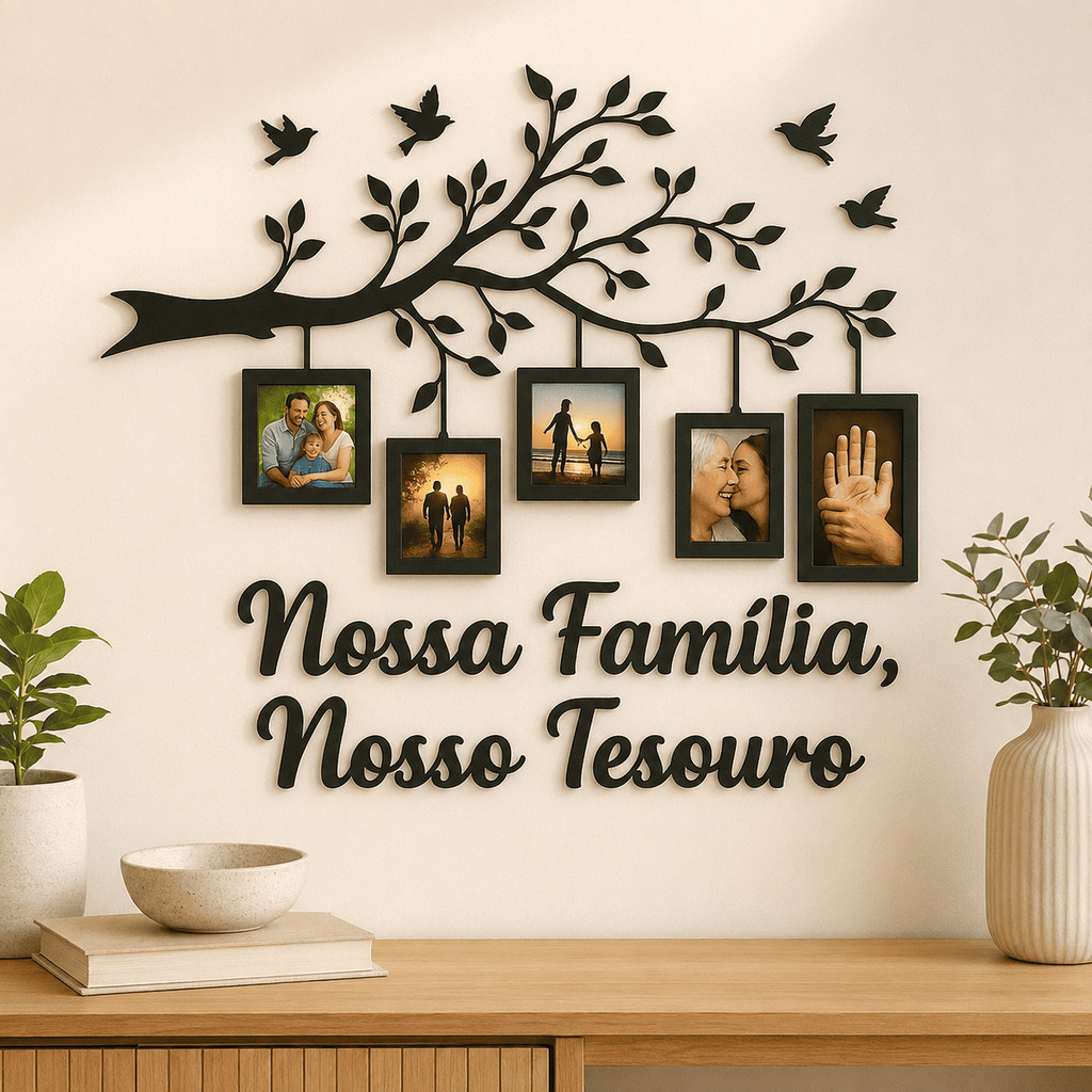 Quadro Decorativo Árvore da Família com 5 Porta Retratos e Frase Nossa Família Nosso Tesouro