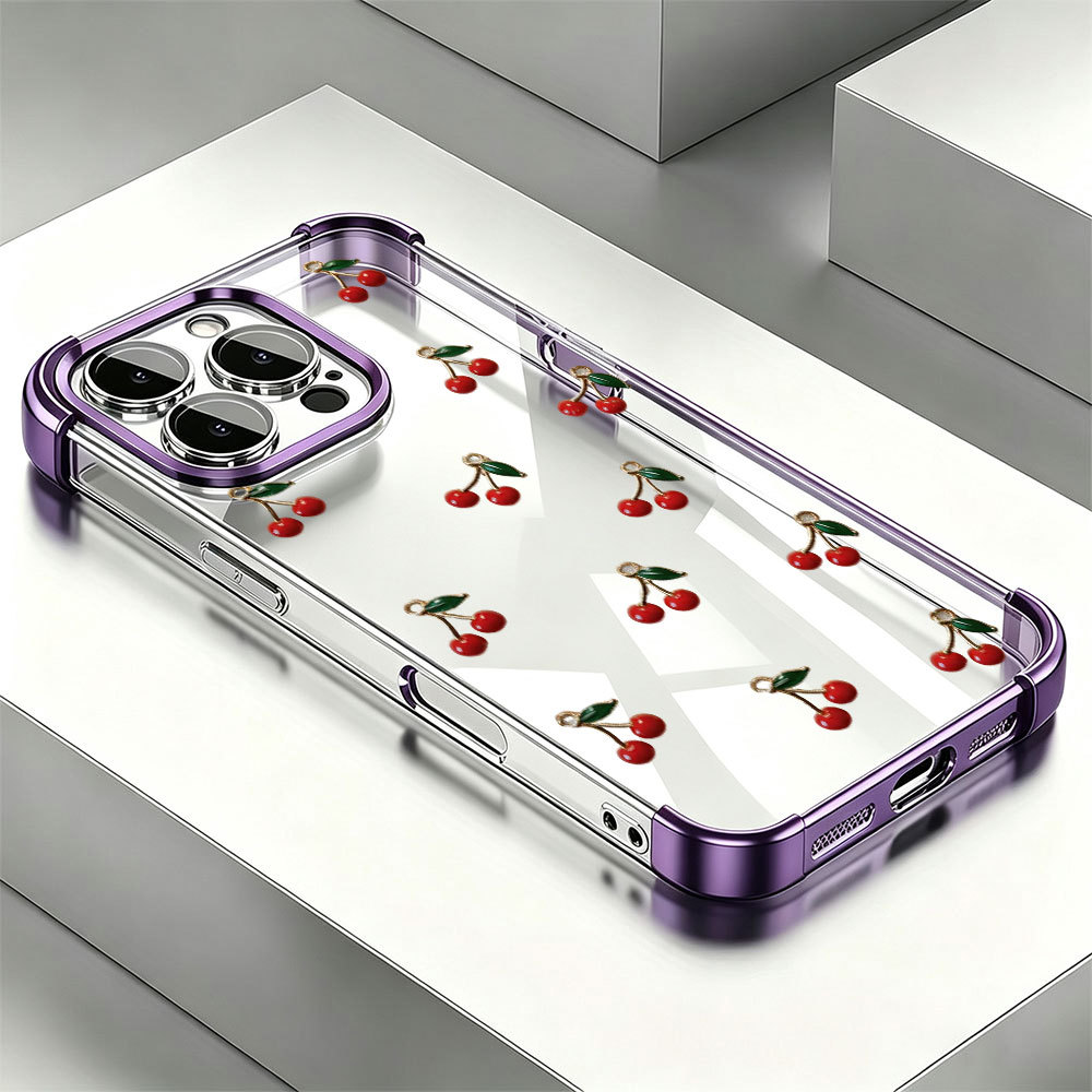 Capinha Rígida Com Cerejas Almofada Ar Nos 4 Cantos Anti Impacto Para iPhone 17 16 15 14 Plus 13 12 11 Pro Max SJ