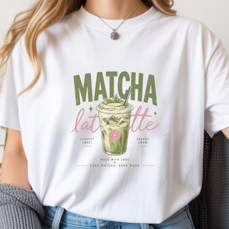 Camiseta Masculina Feminina Oversized Estampa Matcha Latte Bebida Vintage, Camiseta Estampa de Café Streetwear