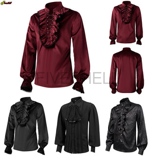 Camisas Vintage Masculinas Medievais Com Babados De Veludo , Blusa Vitoriana , Manga Comprida , Vinho , Vermelho , Renda