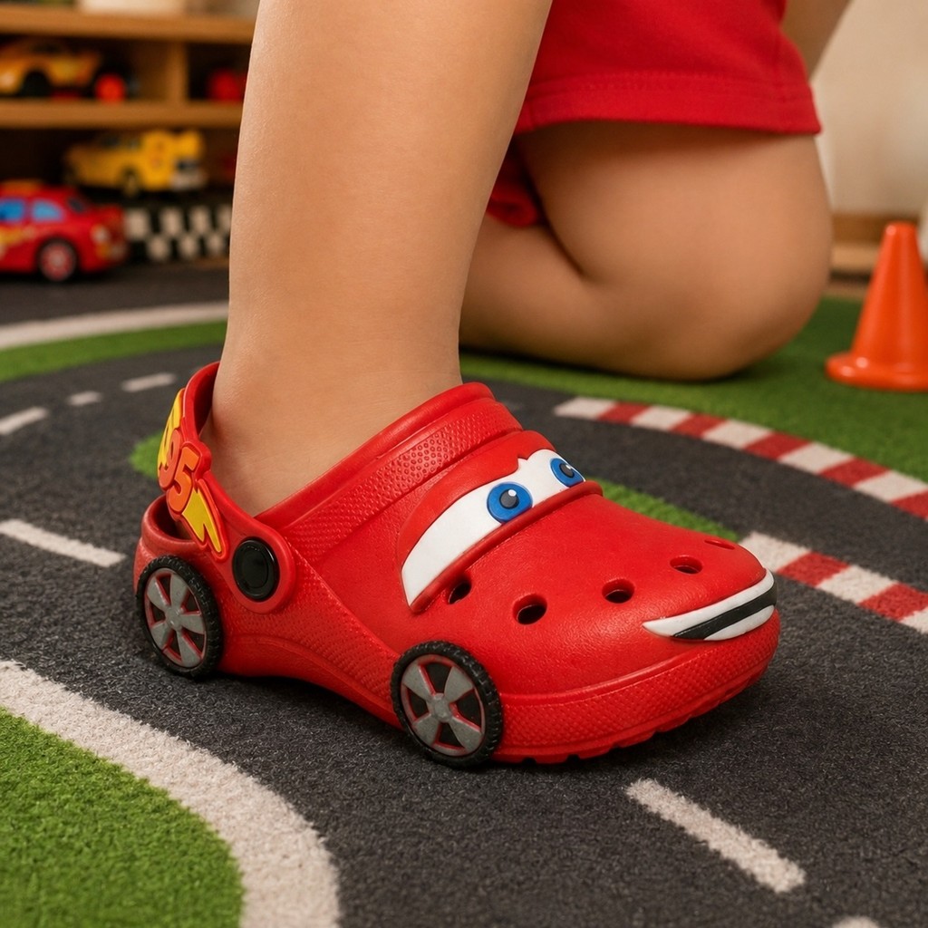Sandália Papete Infantil Menino Carros Vermelho Rodinha Divertido Leve e Confortável