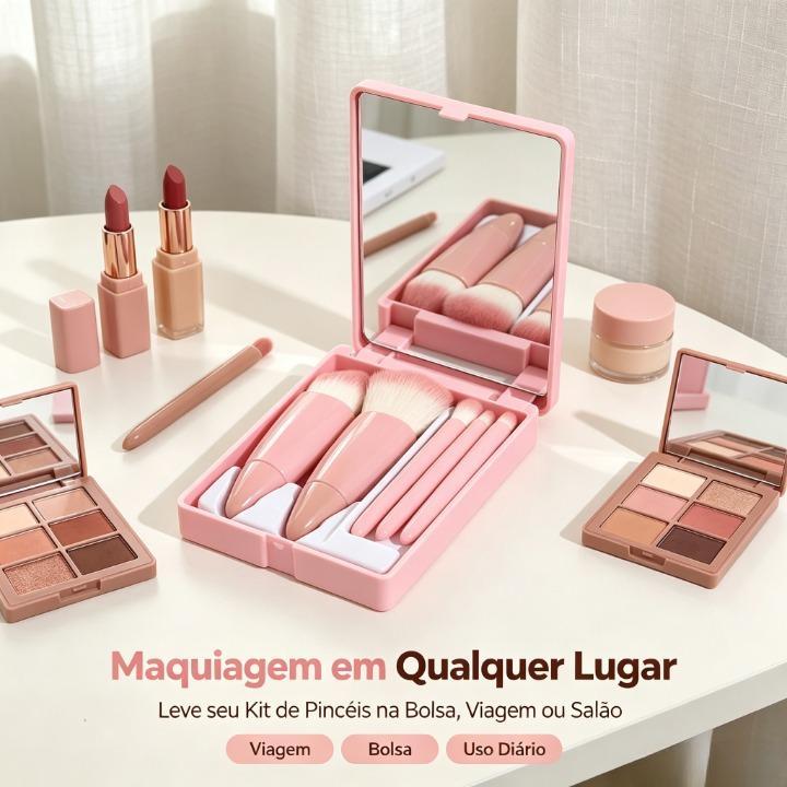 Kit pincéis maquiagem portátil com espelho e estojo compacto para viagem e uso diário