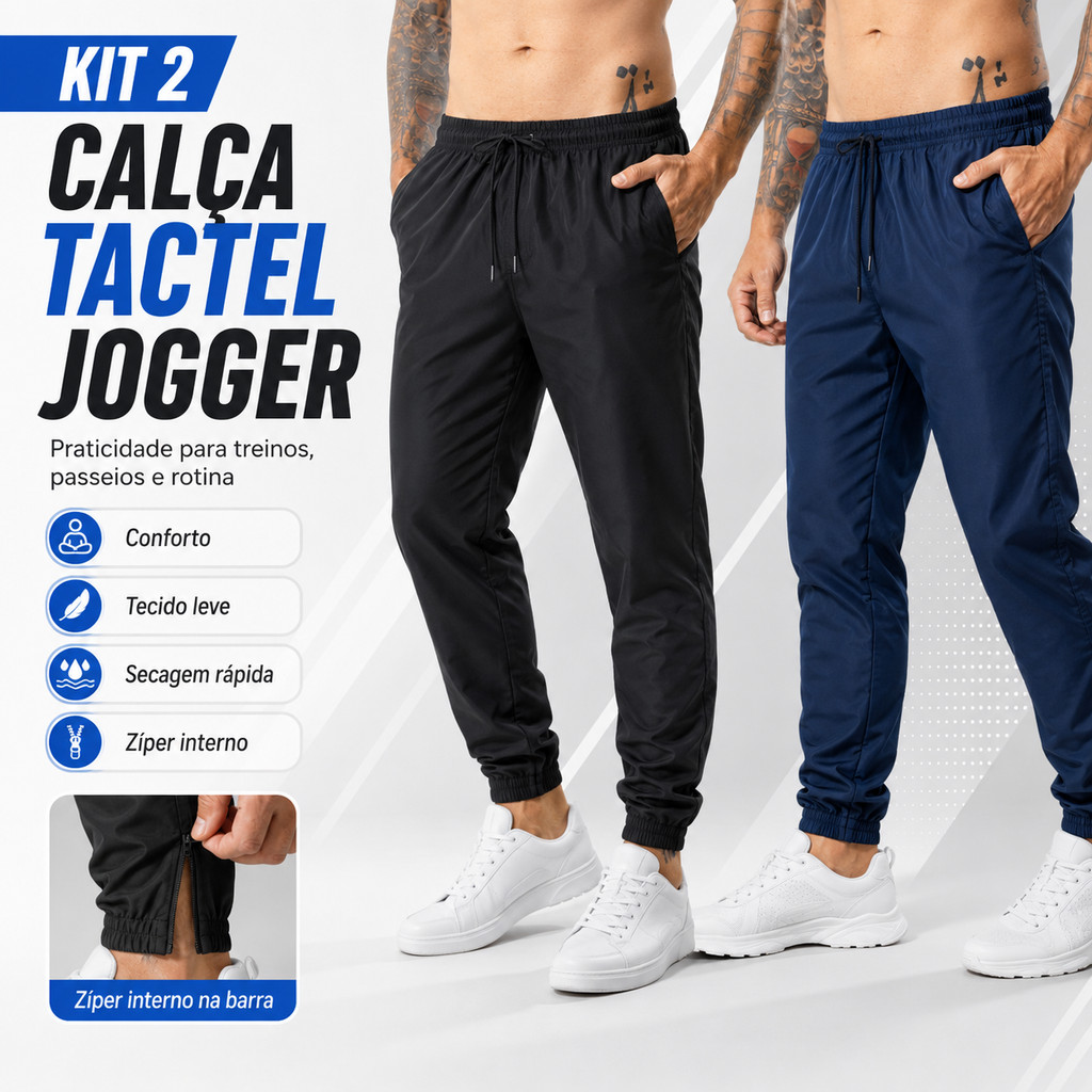 Kit 2 Calça Tactel Masculina Com Elastano Jogger Para Academia Treino Caminhada E Corrida