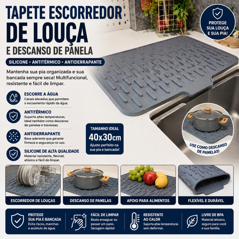 Tapete Escorredor De Louça Silicone Antiderrapante Antitérmico 40x30cm Descanso De Panela Pia