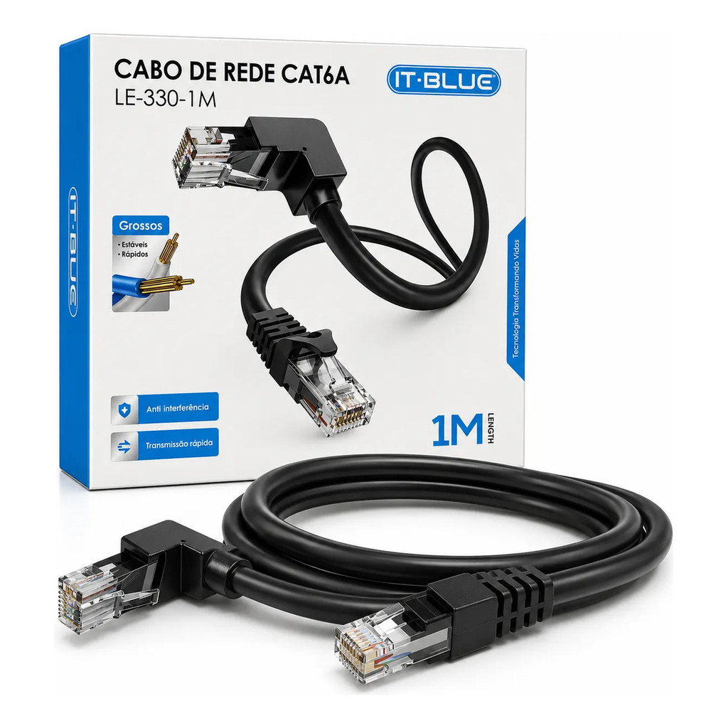 Cabo Ethernet CAT6A 1m RJ45 Conector 90° Em L Gigabit para PC Gamer TV Box PS5 Xbox Roteador