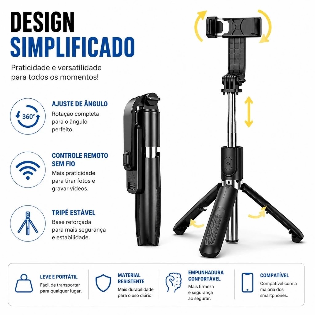Bastão Pau de selfie Tripé Retrátil Com Luz LED Controle Bluetooth Celular janoclick