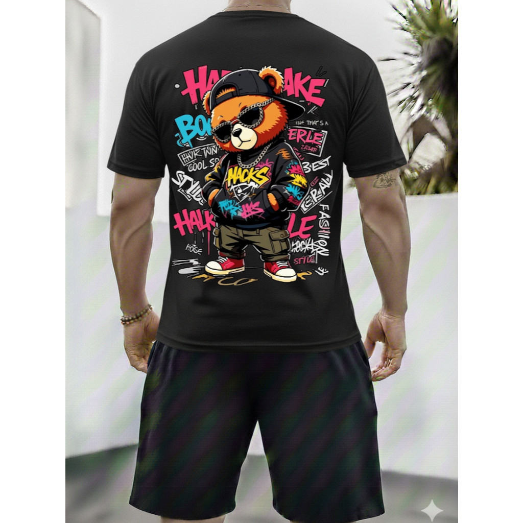 Conjunto Masculino Bermuda Short Moletom+ Camiseta Estampada Ursinho Street Grafite Lançamento VERÃO PROMOÇÃO