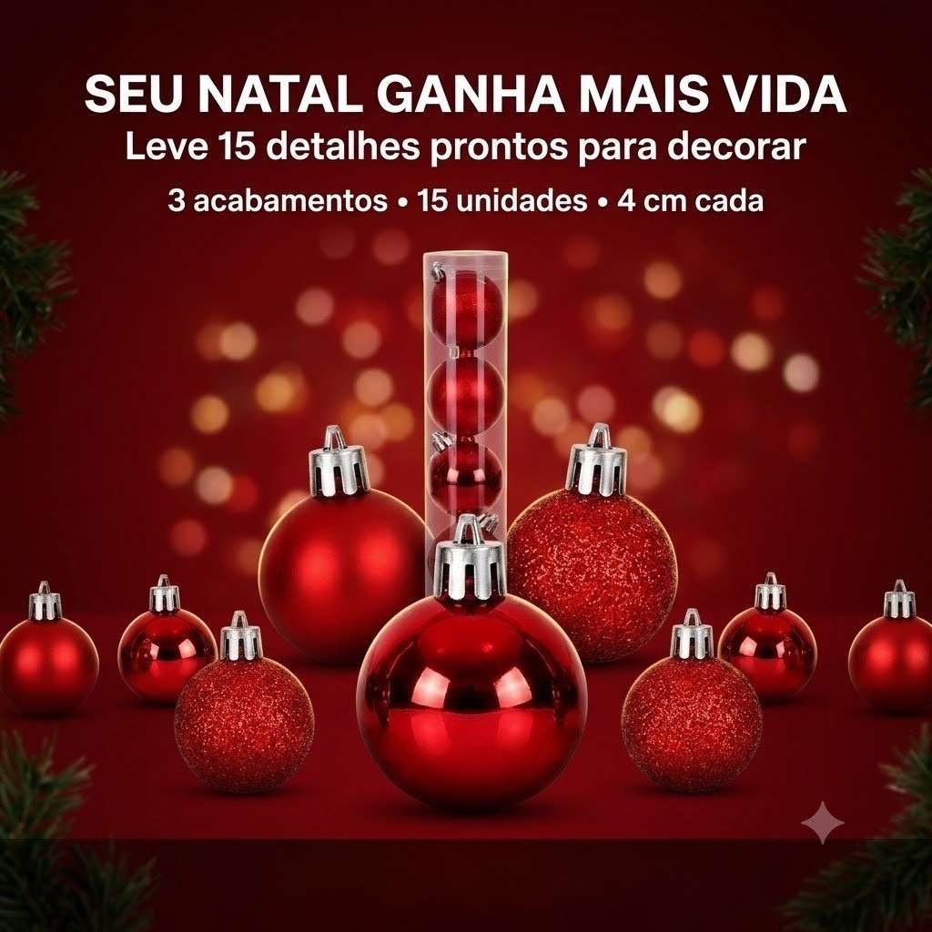 Kit 15 Bolas de Natal Vermelhas 4cm Fosca Glitter e Brilho Espelhado Enfeite Árvore Decor Casa Primo