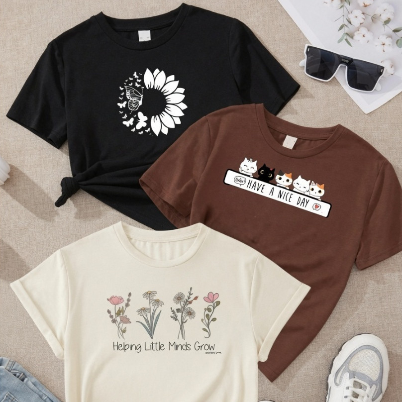 Kit 3 Camisetas Femininas Estampadas Algodão Casual Confortável Básicas Modernas Dia a Dia Promoção