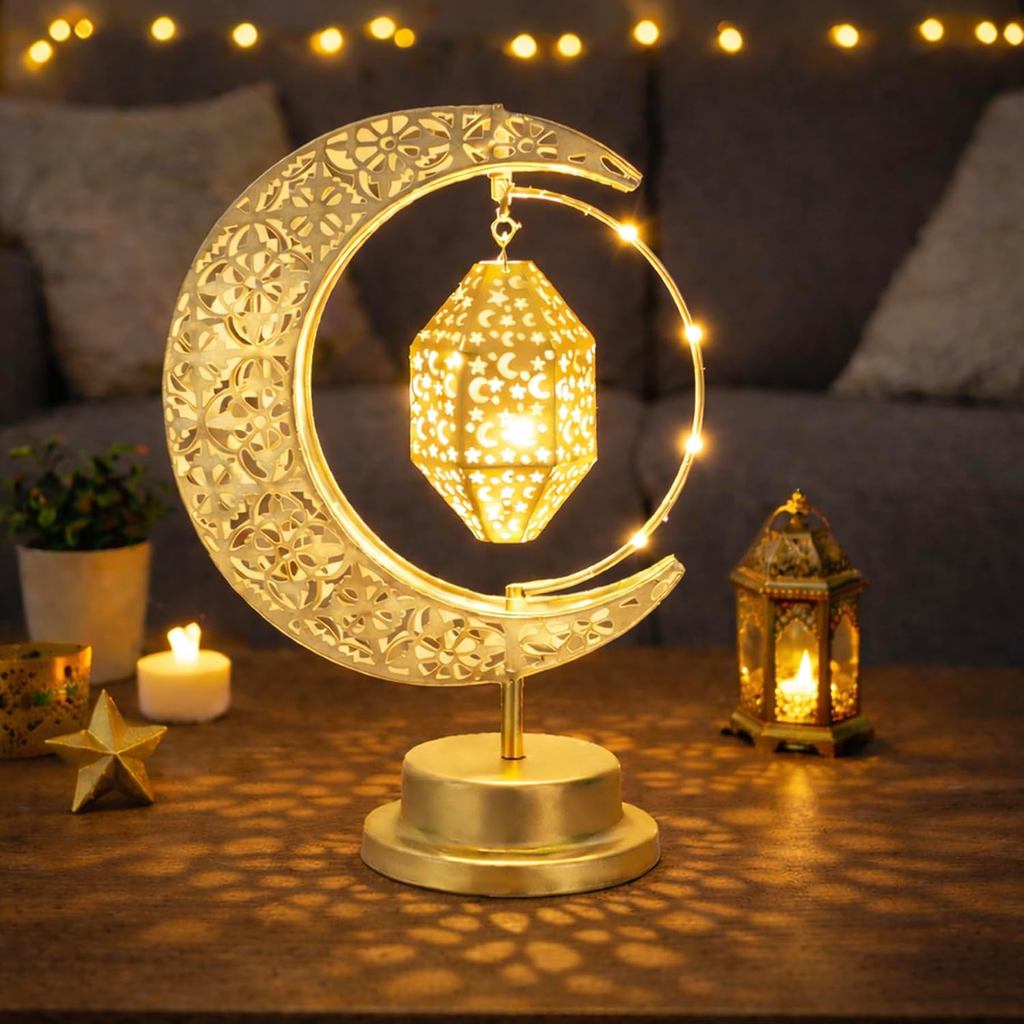 Luminária Decorativa de Lua de Ramadã Lifnatty, Lua Crescente com Lanterna de Ramadã, Luminária de Mesa Rotativa de Rama