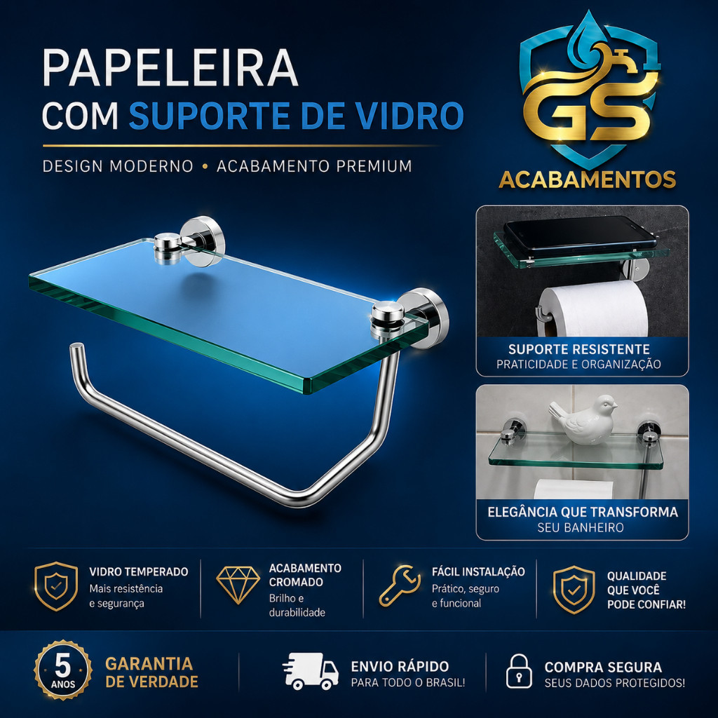 Papeleira Porta Papel Higiênico com Suporte de Vidro Temperado Cromada Premium