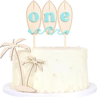 Topo de Bolo de Madeira Onda Gigante de Surf - Decoração de Bolo de Aniversário com Tema de Prancha de Surf, Aniversário