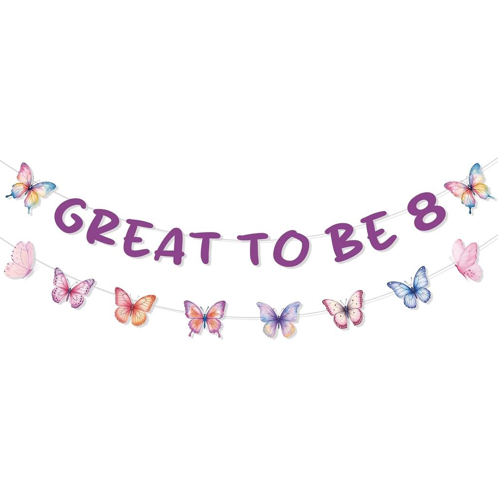 Decorações de Aniversário de 8 Anos para Meninas, Faixa de Borboleta "É Ótimo Ter 8 Anos" Rosa e Roxo, Faixa Decorativa 