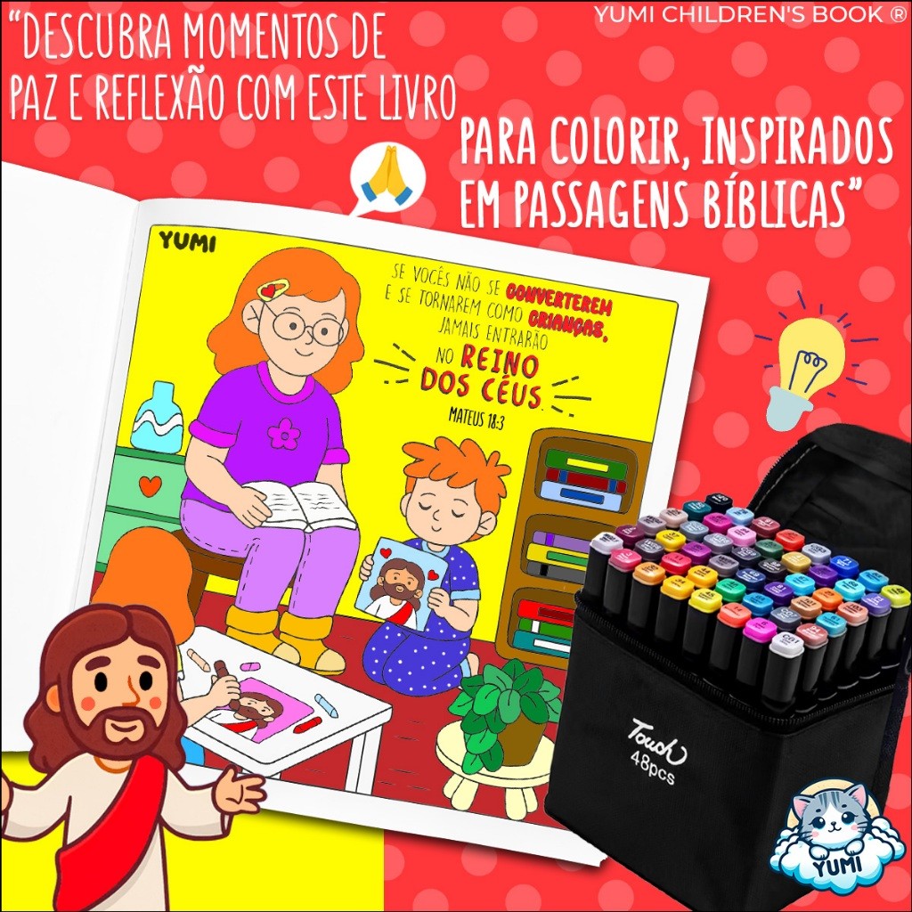 Kit Livro De Colorir Historias Bíblicas Colorindo Com Jesus + 48 Canetinhas Bobbie Touch Ponta Dupla · foto 2