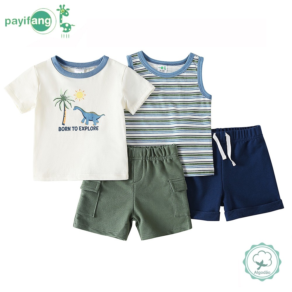 Roupa Infantil Masculina Menino Conjunto 3 Peças Leve Confortável Dinossauro Para Verão