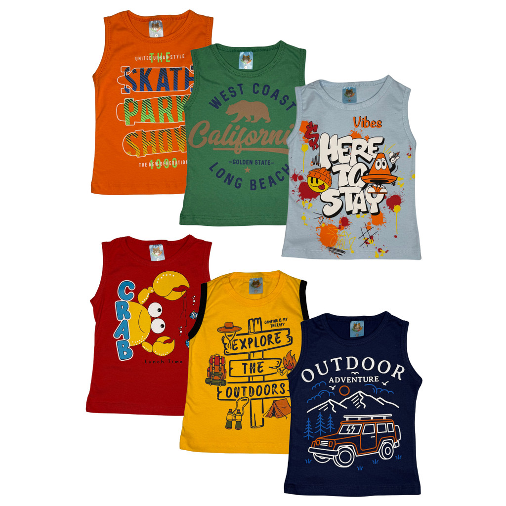 Kit 3 Regatas Infantil Menino Básica Estampada Sortido Tamanho 1 ao 8 anos Casual