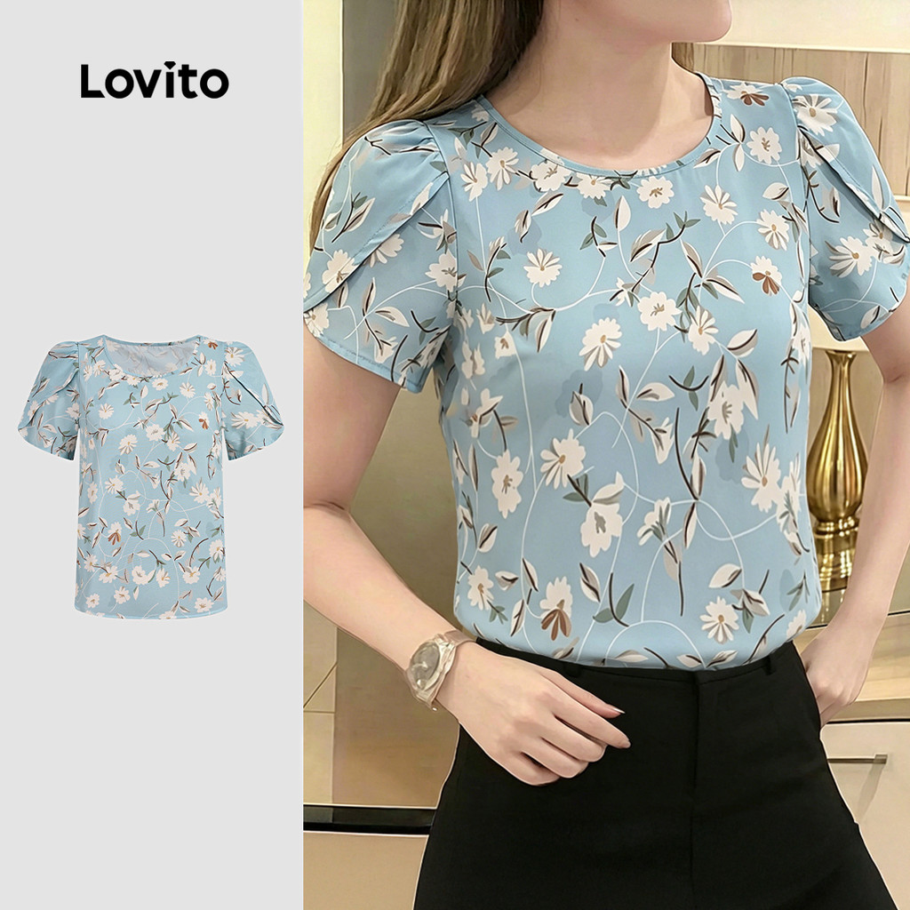 (New Arrival) Lovito Blusa Casual Feminina Verdeazulado primavera/verão LK7ED618