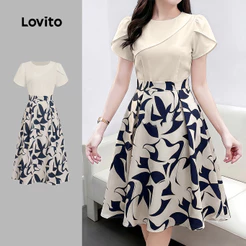 Lovito Padrão de Vestido Casual Costura de Tecido Vestido de Primavera/verão para mulheres LK7LD1001