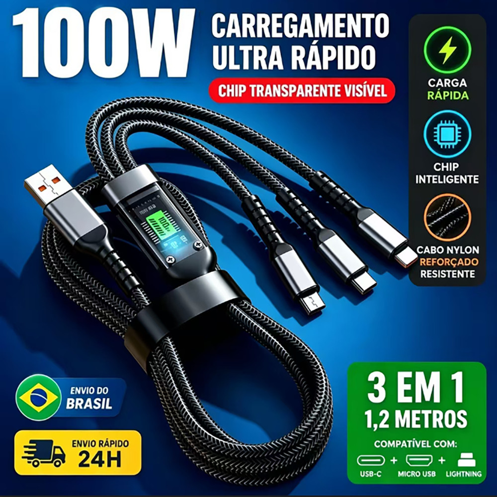 Cabo de Carregamento 3 em 1 Liga de Zinco 100W 6A Super Rápido Trançado Nylon USB‑A Compatível iOS Tipo‑C e Micro‑USB D0