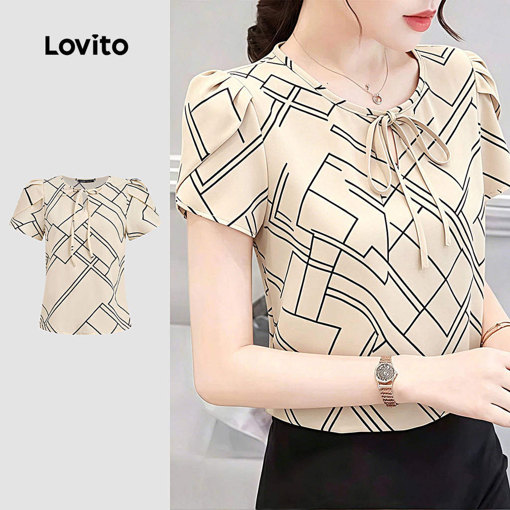 (New Arrival) Lovito Blusa Casual com Recorte e Laço em Damasco para Mulheres Na Primavera/Verão L195AD245