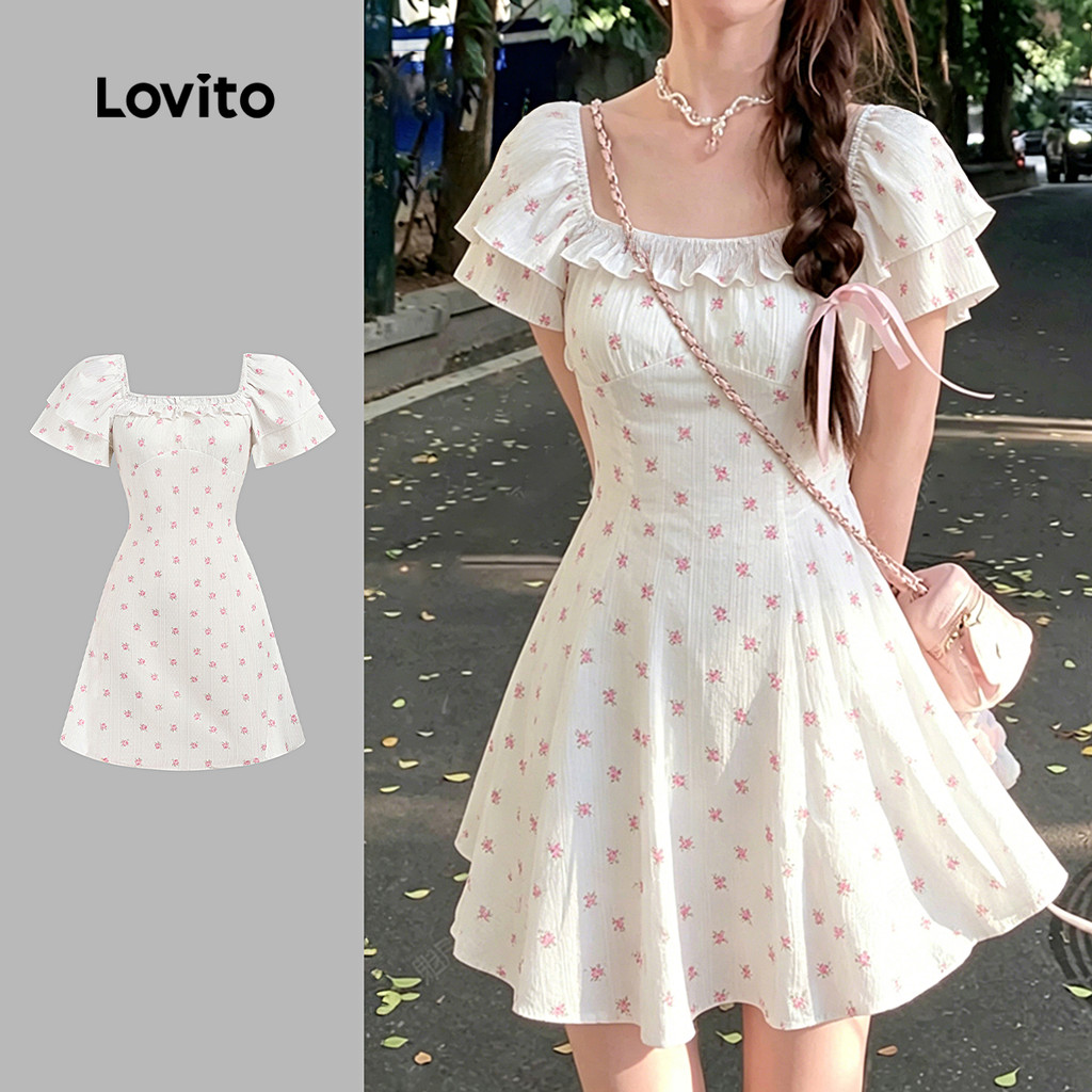 Lovito Padrão de Vestido Casual com Zíper e Babado para Mulheres Verão/primavera damasco L197AD120