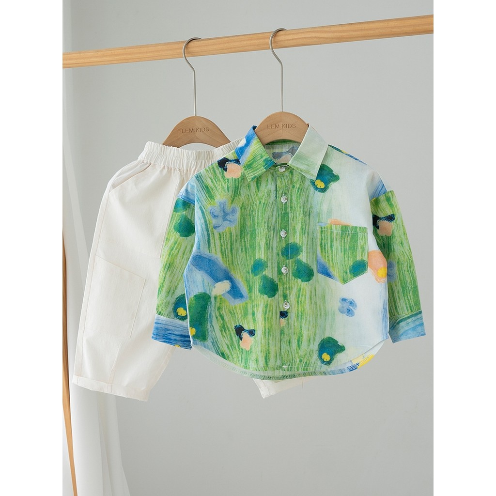 Meninos primavera ternos camisas de manga comprida crianças grama verde primavera estilo ocidental camisas do bebê crian