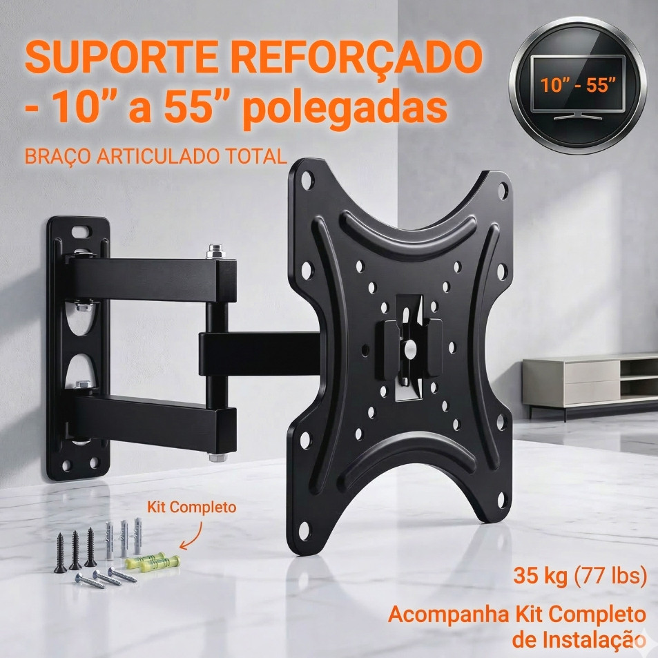 Suporte Articulado para TV´s de 10'’-55'’ Polegadas Retrátil Inclinação ±15° VESA 75x75–200x200 25kg