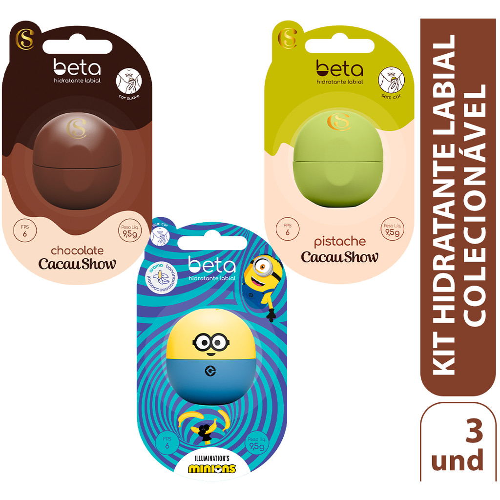 Kit 3 Hidratantes Labiais Beta – Cacau Show + Minions | Edição Colecionável | 9,5g cada