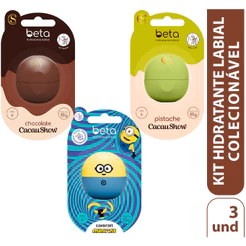 Kit 3 Hidratantes Labiais Beta – Cacau Show + Minions | Edição Colecionável | 9,5g cada