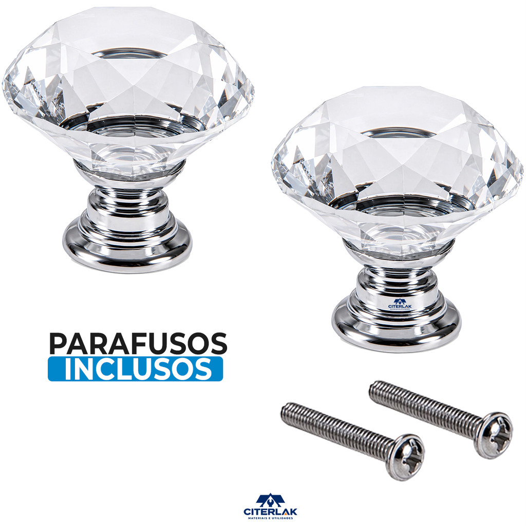 Kit 2 Puxador de Cristal 30mm Cromado Para Gaveta Armário Moveis Banheiro