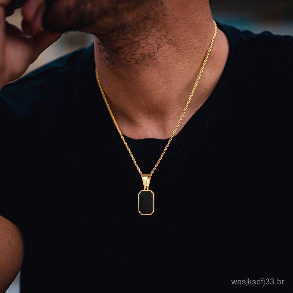 Colar geométrico elegante em formato quadrado, dourado com esmalte preto, pingente retangular com corrente de corda, joi