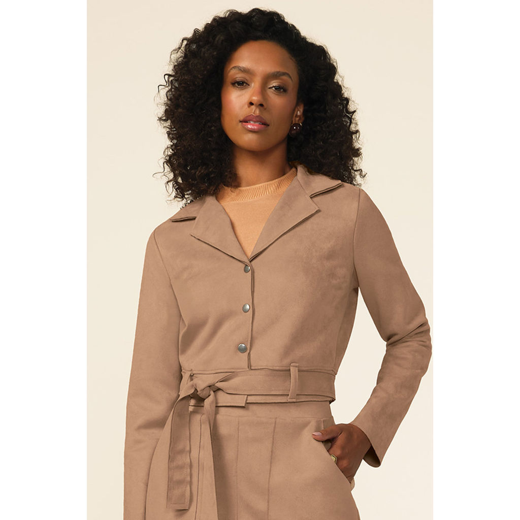 Jaqueta Feminina Cropped Com Amarração Marialícia Bege