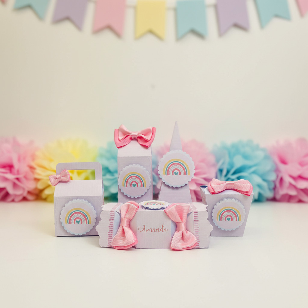 Kit Festa Arco Íris Boho Personalizado com Laço | Caixinhas Milk Pirâmide Bala e Sushi | Lembrancinha Infantil
