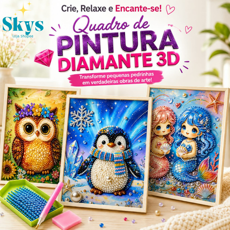 Kit Quadro de Pintura Diamante 3D 20x20cm – Arte, Relaxamento e Criatividade em Cada Detalhe!