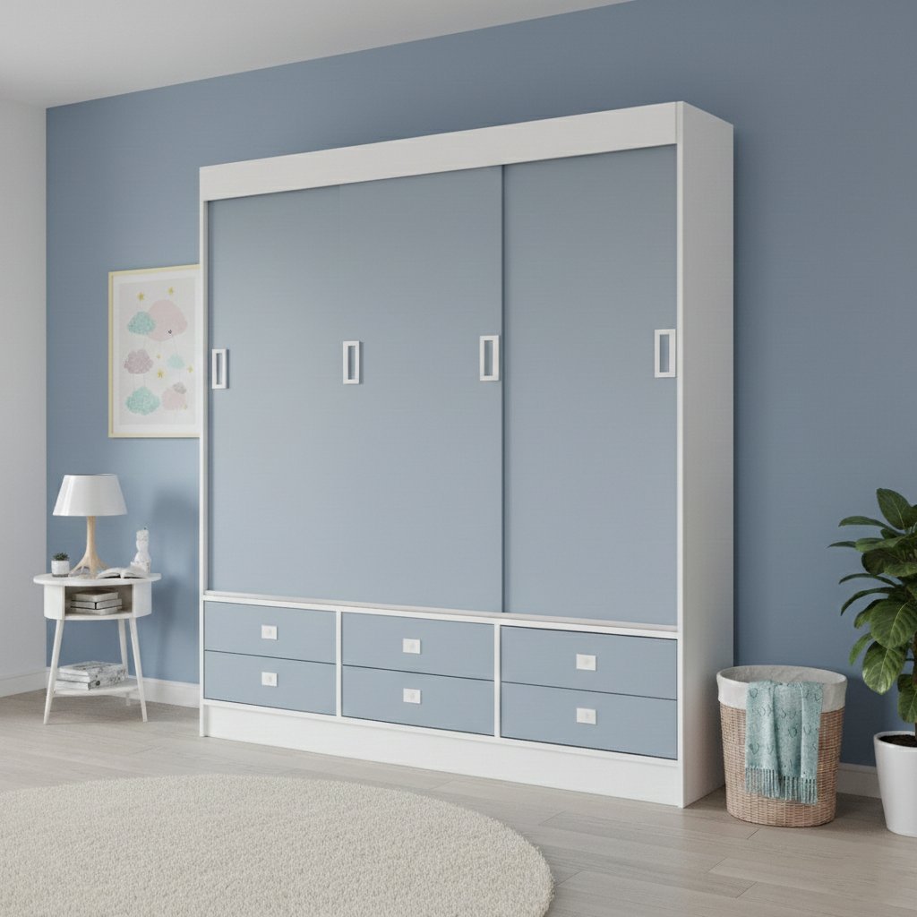 Guarda-Roupa Solteiro 3 Portas de Correr 6 Gavetas Azul/Branco Branco/Azul
