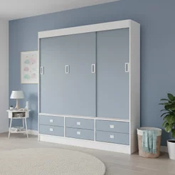 Guarda-Roupa Solteiro 3 Portas de Correr 6 Gavetas Azul/Branco Branco/Azul