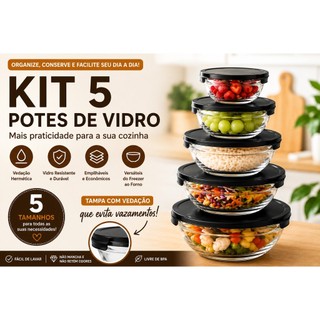 Kit 5 Potes de Vidro Hermético com Tampa Redondo Empilhável para Cozinha Alimentos