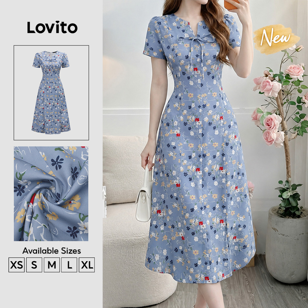 (New Arrival) Lovito Vestido Elegante com Flores e Zíper Linha Estruturada Primavera/verão Feminino DRK9P2D594