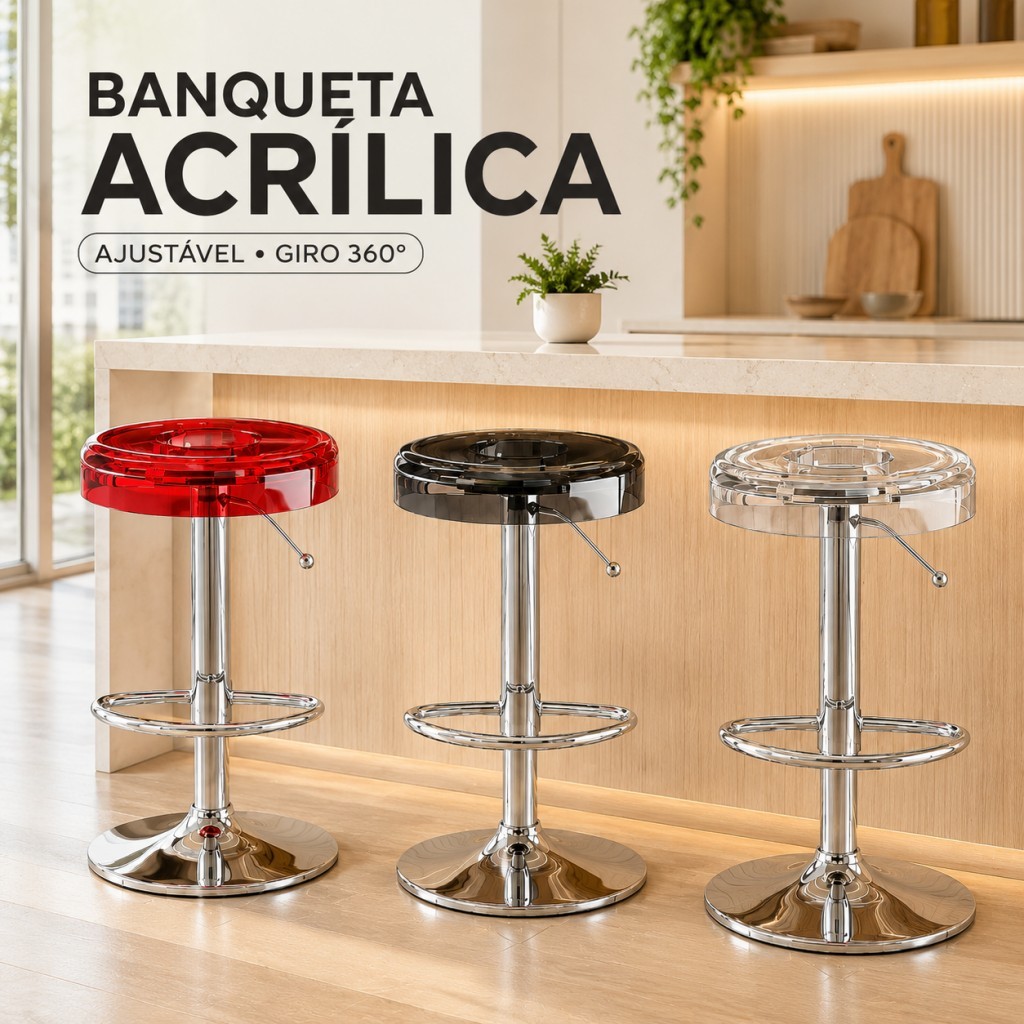 Banqueta Bar Acrílico Giratória Altura Regulável Banco Cromado Moderno Para Balcão Cozinha Bar Residencial