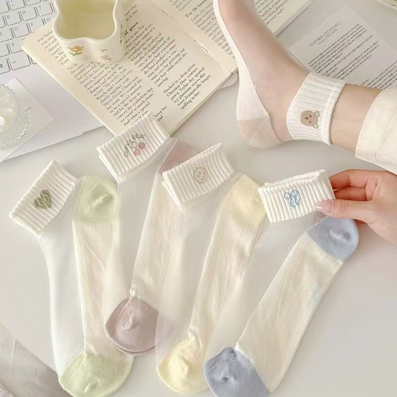 Verão leve respirável cristal meias de seda meias curtas femininas fundo de algodão puro transparente vidro seda bonito 