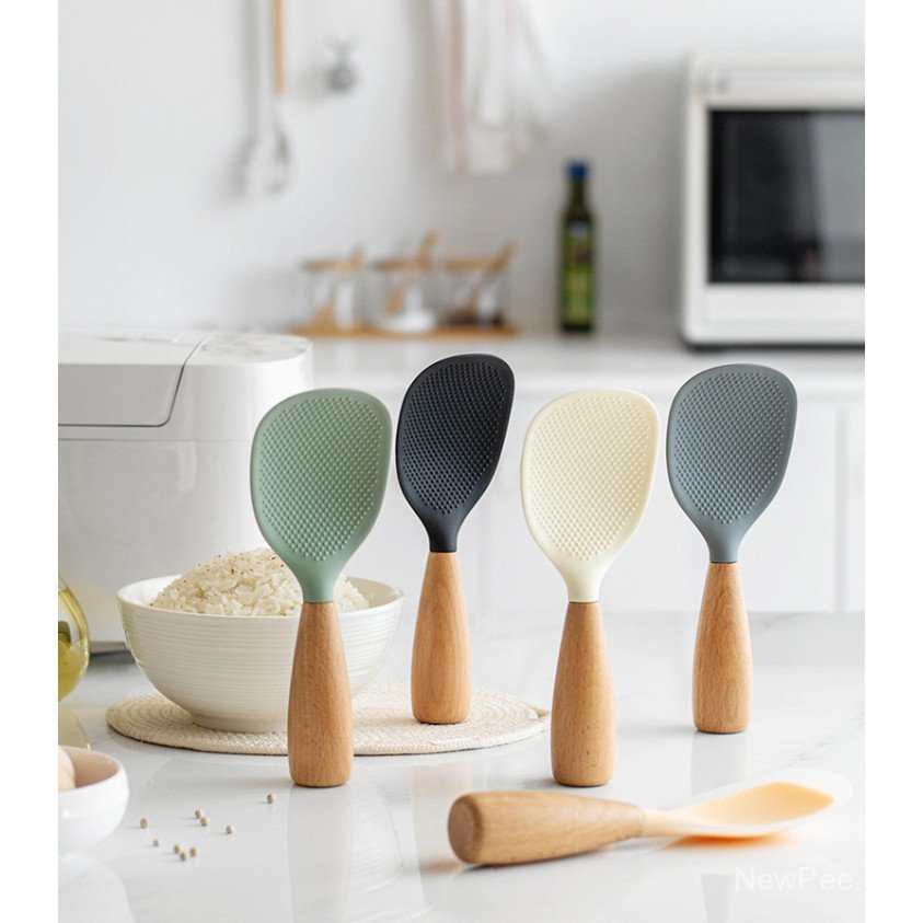 Colher de arroz de silicone com cabo de madeira, colher antiaderente para panelas, utensílio de cozinha resistente ao ca