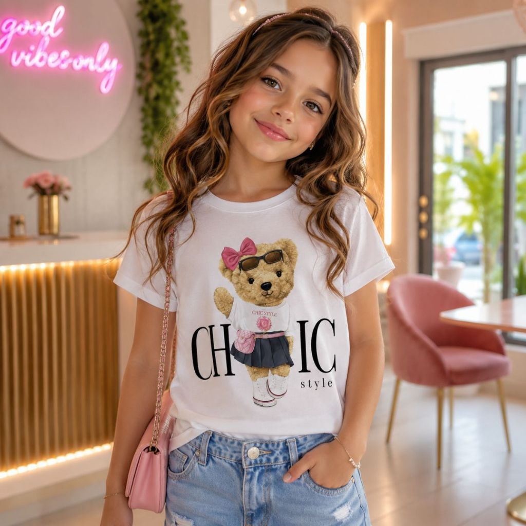 Camiseta Infantil Feminina Ursinha Chic Style 100% Algodão Fashion Estampa Fofa Confortável Presente Envio Rápido
