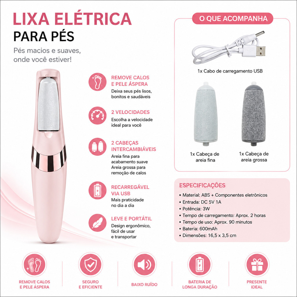 Removedor de Calos Elétrico Recarregável para Pés | Máquina Pedicure Portátil com Velocidade Ajustável e Acessórios