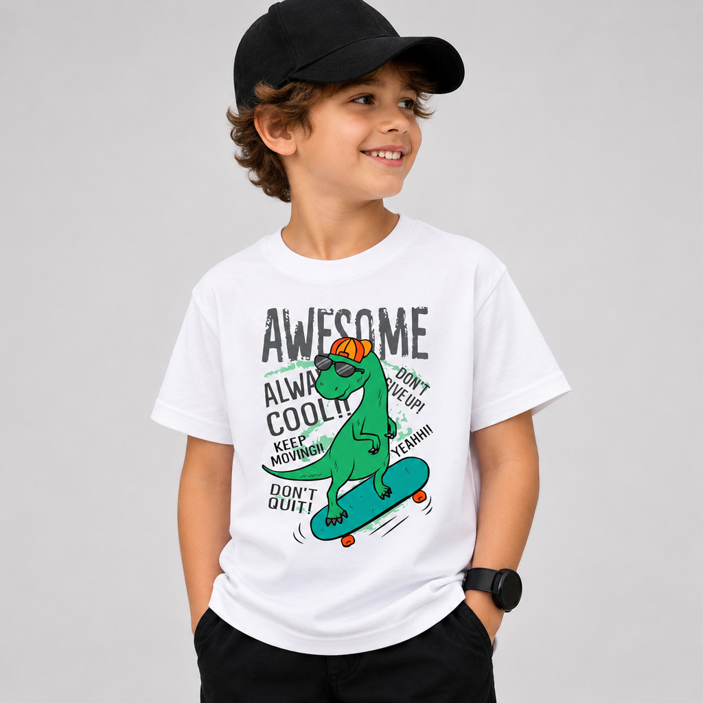 Camiseta Infantil Estampada Dinossauro Skate Awesome Always Cool 100% Algodão Divertida